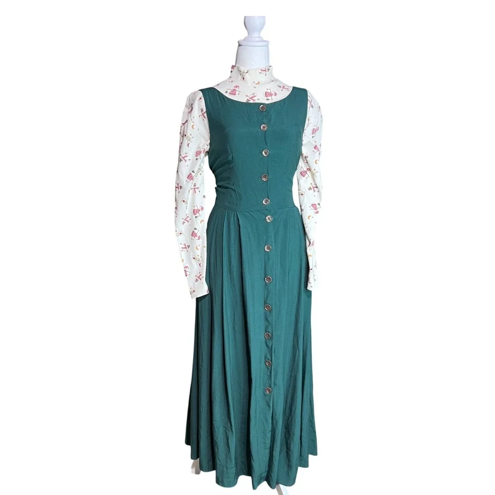 Vintage Green Button Down Maxi Dress with Blazer & Belt Outfit Boho Chic - Picture 2 of 7